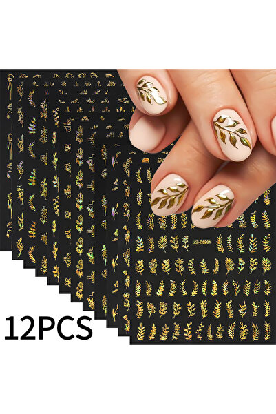 Choice ملصقات أظافر فنية على شكل أوراق زهور ذهبية رائعة ثلاثية الأبعاد من ليز...