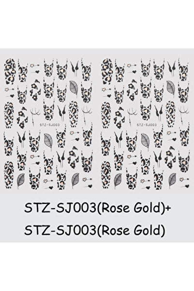 Choice قطعتان STZ-SJ003 RG، قطعتان من ملصقات أظافر بنقشة جلد النمر باللونين الأسود والذهبي، بنمط فرنسي، مزينة بأزهار وأوراق باللون الذهبي الوردي.