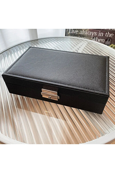 Choice صندوق مجوهرات كبير مربع اللون أسود اللون مصنوع من الجلد بلون سادة مع قفل وصناديق لتخزين الأقراط والقلادة والأساور