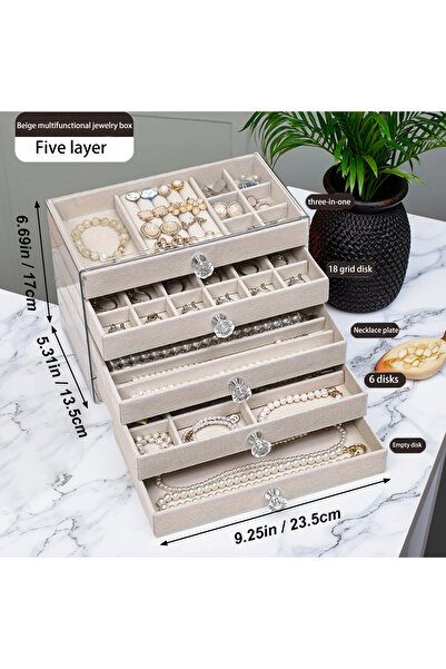 Choice صندوق مجوهرات أبيض عاجي مكون من 5 طبقات، صينية أدراج مخملية، صندوق تخز...