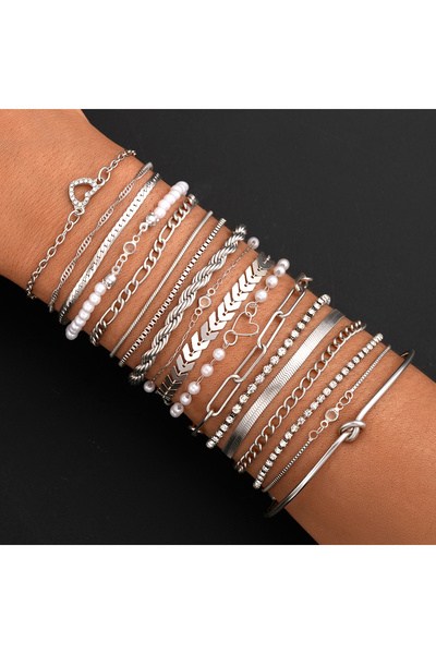 Choice مجموعة أساور AYASilver مكونة من 18 قطعة فضية اللون مرصعة بكريستال على ...