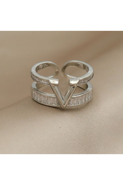 Choice خاتم كلاسيكي من الكريستال على شكل حرف V قابل للتعديل Q0609-S-Ring للنس...