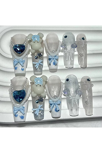 Choice 2217-long-S 10 قطع أظافر صناعية طويلة مزيفة على شكل دب وردي ثلاثي الأب...