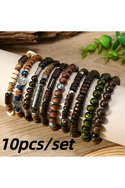 Choice مجموعة من 10 قطع من أساور الخرز العرقية البوهيمية للرجال من الخرز الخش...