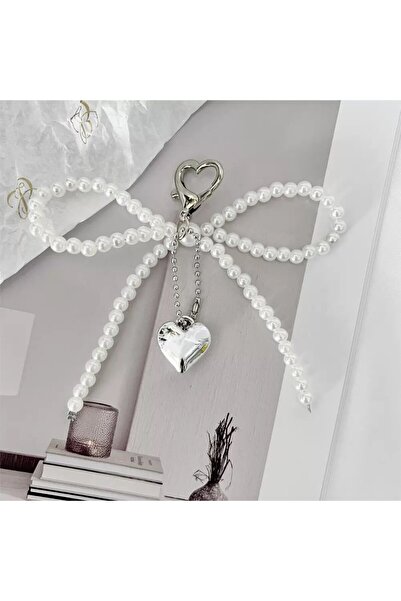 Choice White White Bowknot Heart Keychain Women Sweet Charm Pearl Bow Backpac...
