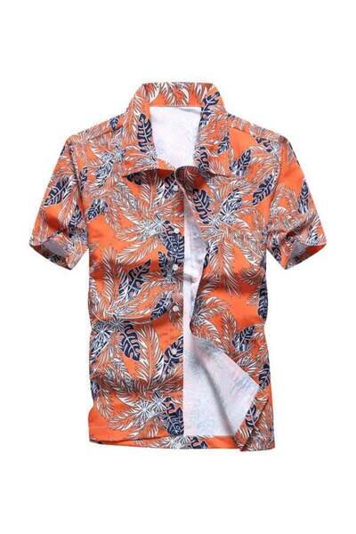 Generic Leaves Printed Short Sleeves Shirt Orange/White/Blue