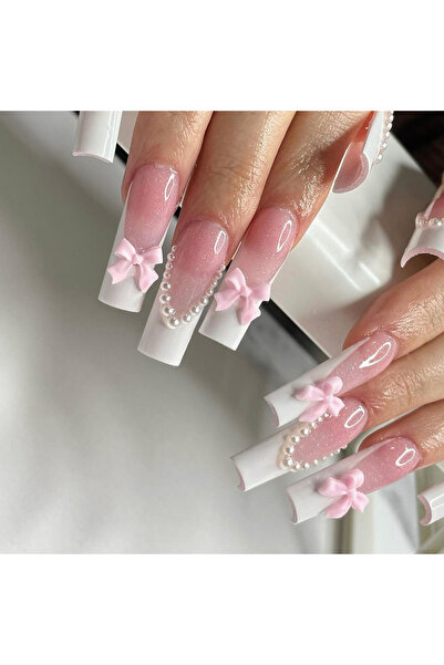 Choice Beige 24PCS Rectangular Fake Nails, Bow Shaped Acrylic Nails, Cute Fak...