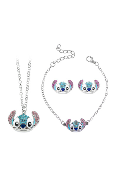 Miniso SL770-ES1039-XL0955 سوار وقلادة وأقراط بتصميم رسوم متحركة من ديزني بتصميم غرزة كرتونية إبداعية من أحجار الراين الجميلة J