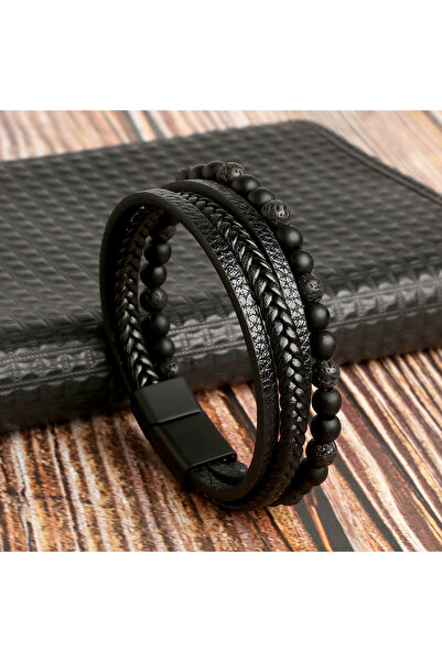 Choice سوار جلدي مضفر متعدد الطبقات مصنوع يدويًا باللون الأسود من حجر عين النمر