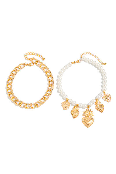 Choice خلخال قدم الشاطئ من Ingemark Boho Love Heart Pendant باللون الذهبي للنساء مصنوع من اللؤلؤ الصناعي العتيق