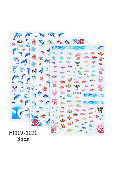 Choice F1119-1121 3 قطع 3 ملصقات أظافر حيوانات بحرية صيفية ذهبية مرجان كوي أع...