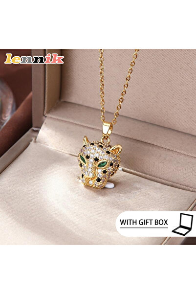 Choice قلادة ذهبية من LENNIK للنساء من الفولاذ التيتانيوم، رأس نمر مرصع بالزر...