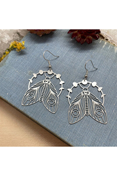 Choice أقراط متدلية فضية بتصميم مراحل القمر على شكل فراشة، وأقراط متدلية مجوف...