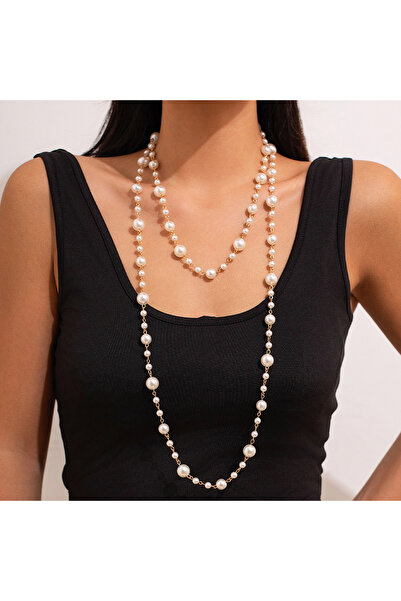 Choice قلادة شيكسين الأنيقة متعددة الطبقات من اللؤلؤ الصناعي باللون الأبيض للنساء، قلادة طويلة فاخرة للعرائس