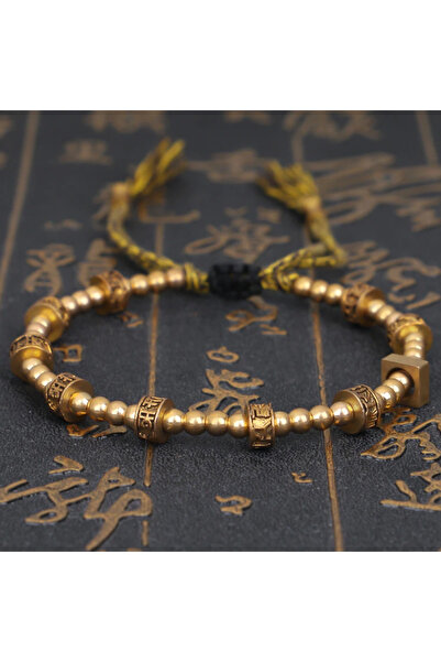 Choice سوار قابل للتعديل باللون الأصفر من الأمثال التبتية بستة أحرف للرجال والنساء مصنوع يدويًا من خرز النحاس B