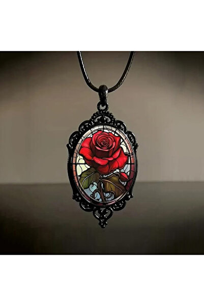 Choice Red Gothic Style Oval Red Rose Flower Glass Pendant Necklace For Women...