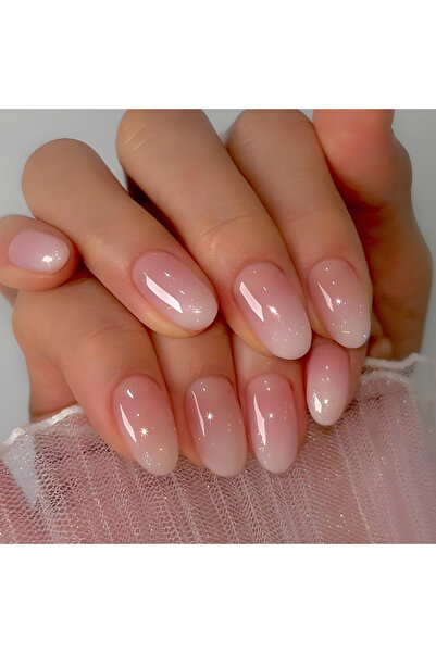 Choice أظافر صناعية وردية متوسطة الحجم بيضاوية الشكل، 24 قطعة، أظافر صناعية وردية بنمط خطوط متدرجة لامعة