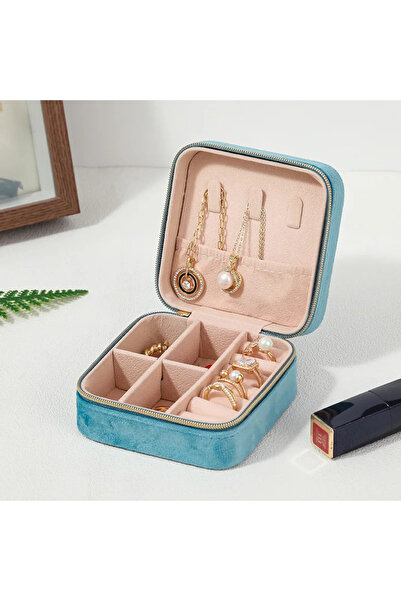 Choice صندوق مجوهرات مخملي أزرق للنساء، حامل منظم للقلادة والخاتم والأقراط، حامل سفر محمول بسحاب مربع