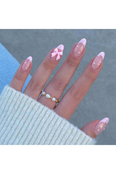 Choice أظافر فرنسية وردية مدببة متوسطة الحجم، تصميم أظافر لوزي صناعي، عقدة لؤ...