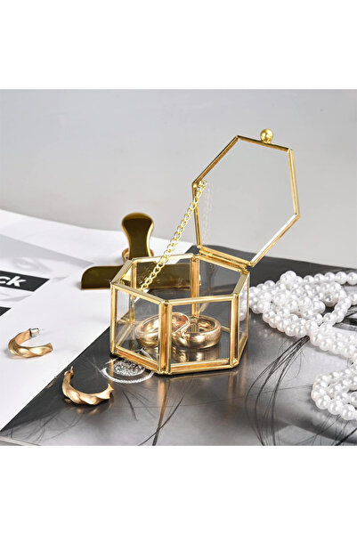 Choice صندوق خاتم سداسي ذهبي فاخر وصندوق إكسسوارات مجوهرات من الذهب والزجاج ا...