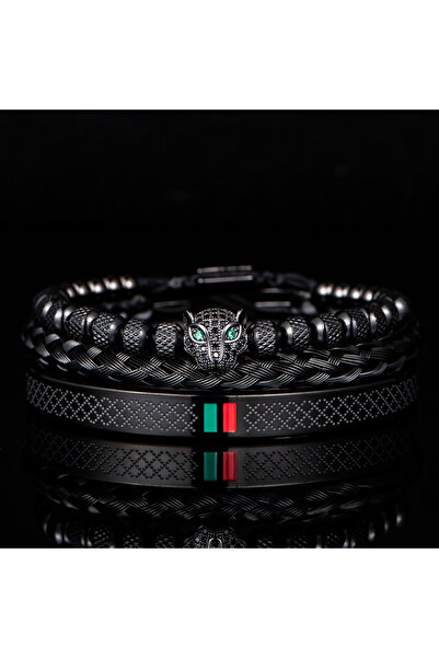 Choice مجموعة سوداء فاخرة مصنوعة يدويًا من سوار مضفر للرجال مرصع بحجر الزركون...