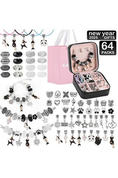 Choice black 64Pcs Black Cat Panda Charms Arts Crafts Gifts Set Beading Kit with a Black Jewelry Box- Charm