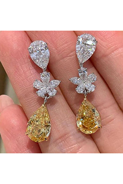 Choice أقراط زفاف هويتان E2175 بتصميم زهرة مرصعة بالزركونيا المكعبة الصفراء ع...