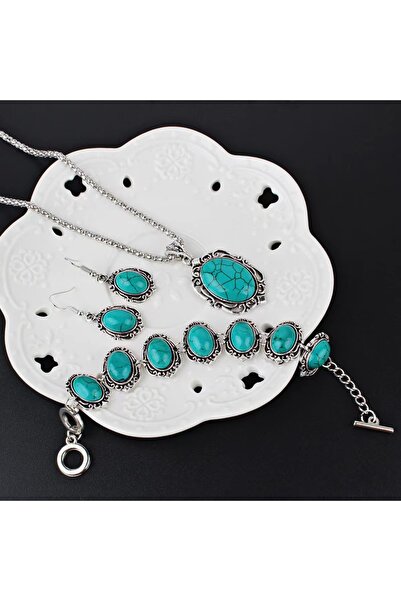 Choice AMS70261S 3PCS Vintage Turquoise Bracelet Necklace Earrings Set For Wo...