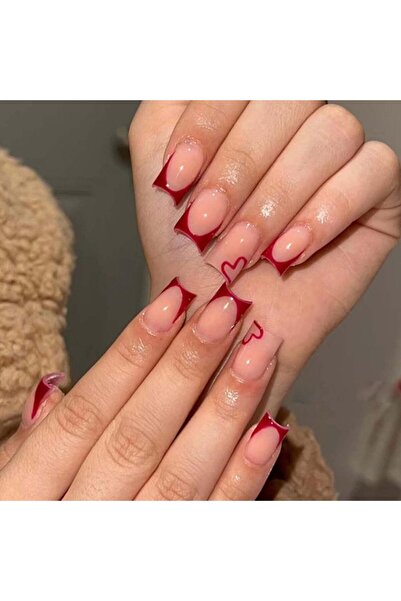 Choice 004 24 قطعة أظافر لوزية بيضاء تغطية كاملة أظافر مكبسة أظافر حمراء على ...