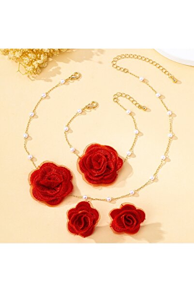 Choice طقم مجوهرات نسائي أحمر أنيق من القماش على شكل زهرة من اللؤلؤ الصناعي، ...