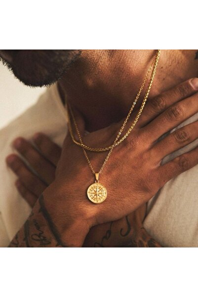 Choice Gold Wheat Vnox Compass Necklaces for Men, Layering Stacked Cuban Figa...