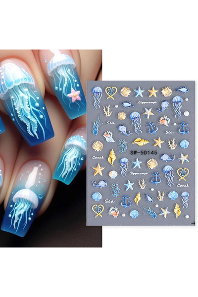 Choice ملصقات أظافر ZY-5D145 5D على شكل قنديل البحر الصيفي للشاطئ، صدفة بيضاء...