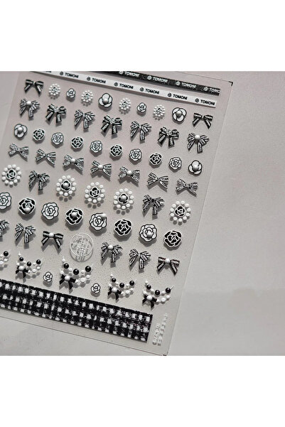 Choice TO4370 5D وردي أبيض أسود شريط عقدة لؤلؤة حلوة فيونكة لاصقة لتزيين الأظافر