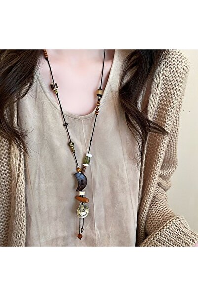 Choice 2316 قلادة هلالية خشبية سيراميكية مبتسمة، قلادة حبل مضفر عتيقة للنساء،...