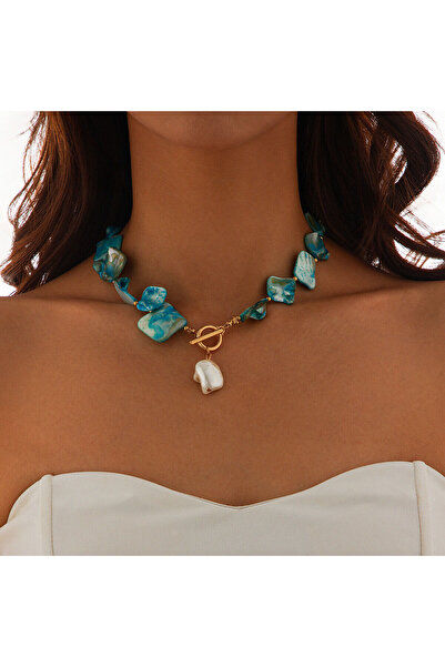 Choice Blue IngeSight.Z Elegant Baroque Imitation Pearl Pendant Choker Necklace Women Trendy OT Buckle Bead