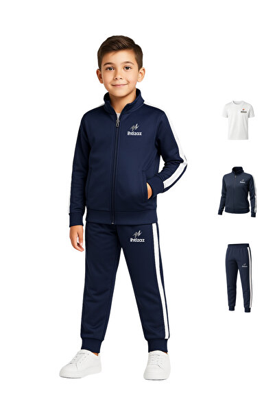 ihtizaz طقم زي رياضي للمدرسة الابتدائية للأولاد (3 قطع) - أزرق داكن | تيشيرت رياضي + بنطال رياضي + جاكيت بسحاب
