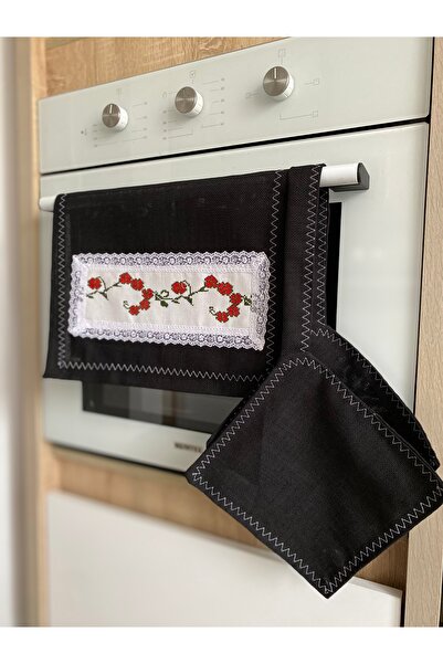 Parla Life Siyah Kanaviçe Detaylı Ocak Örtüsü x Tutacak