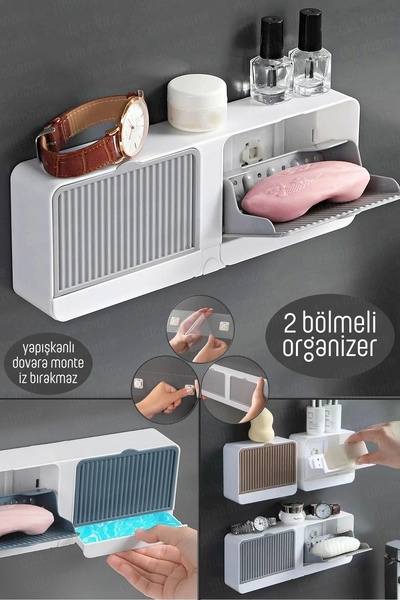 ozbience İki Bölmeli Su Tutmaz Katı Sabunluk, Güçlü Yapışkanlı, Kapaklı Duvar...