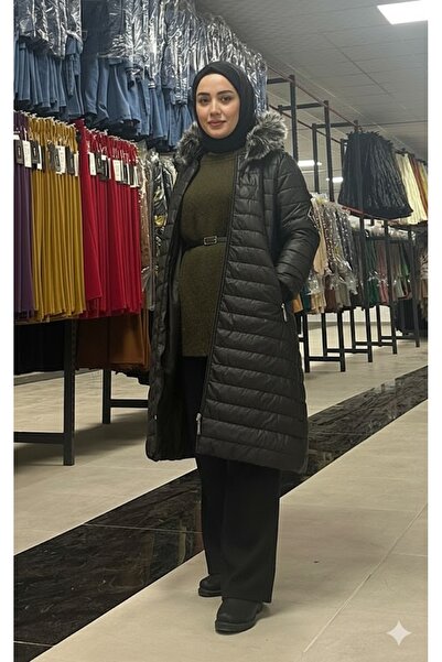 QUBERZ Women's Fur Hooded Long Puffer Coat – Winter Zipper Closure