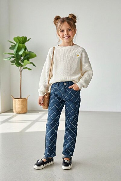 Minigimin Cicileri My Little One's Stone Diamond Pattern Girls' Jeans - Blue