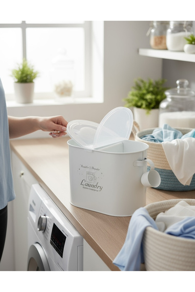 ozbience Beyaz Kapaklı Bölmeli Metal Deterjanlık, Pratik ve Şık Tasarım