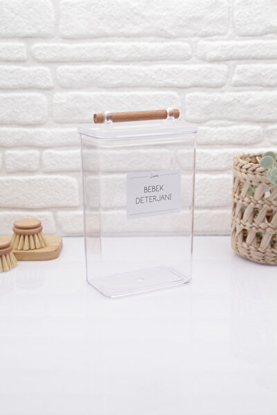ozbience Vakumlu Ahşap Kulplu Şeffaf Bebek Deterjanı Kavanozu 2000 ml