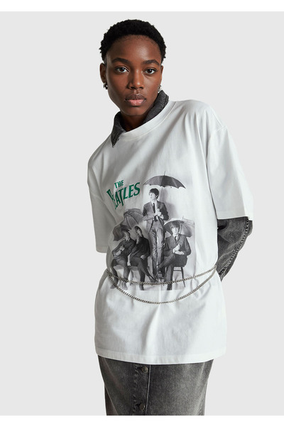 United Colors of Benetton Unisex white-black 100% cotton the beatles Printed t-shirt