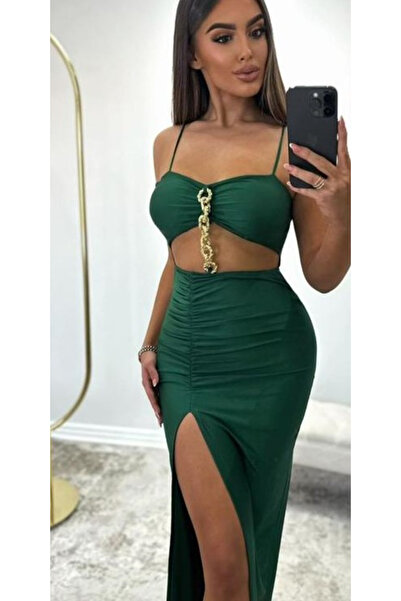 OEMN Evening dress with gold chains and cutout at the waist 2