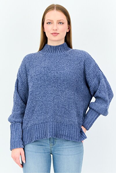 PİNK ROSE Women Mock Neck Knitted Sweater, Blue
