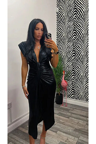 OEMN Women's Metallic Dress with ruffles and deep neckline - Hannah