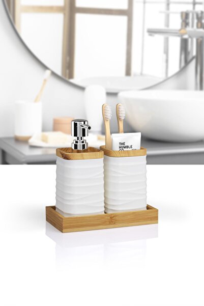 Okyanus Home White Bamboo Liquid Soap Dispenser and Toothbrush Holder Set