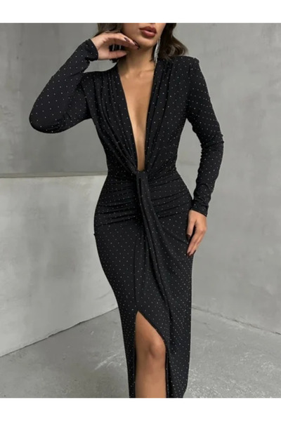 OEMN Elegant lycra maxi dress with rhinestones, ruffles and deep neckline, Si...