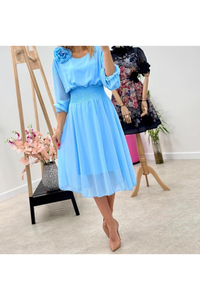 OEMN Women's Midi Dress in Lined Veil with Rose on the Shoulder