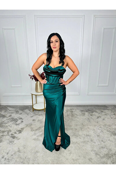 OEMN Women's Long Satin Dress with Corset and Straps - Clara